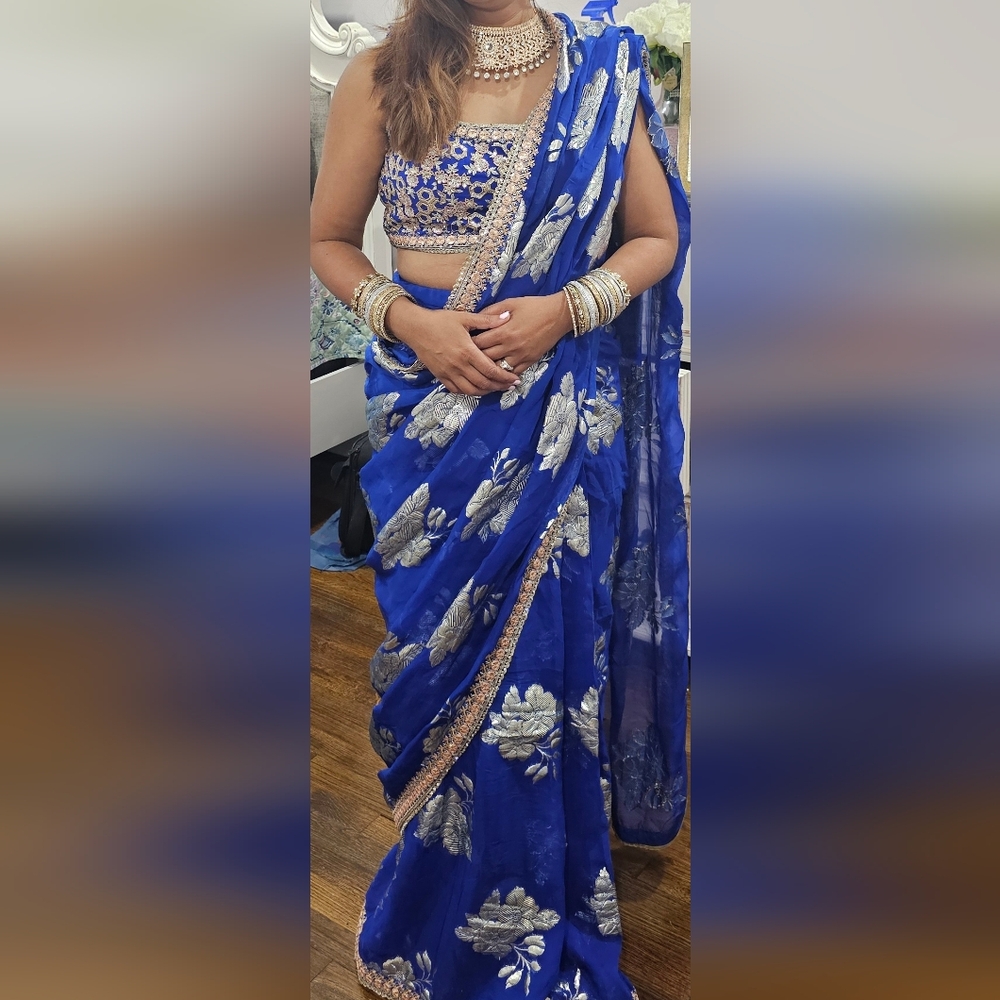 Royal Blue Saree with Silver Floral Design